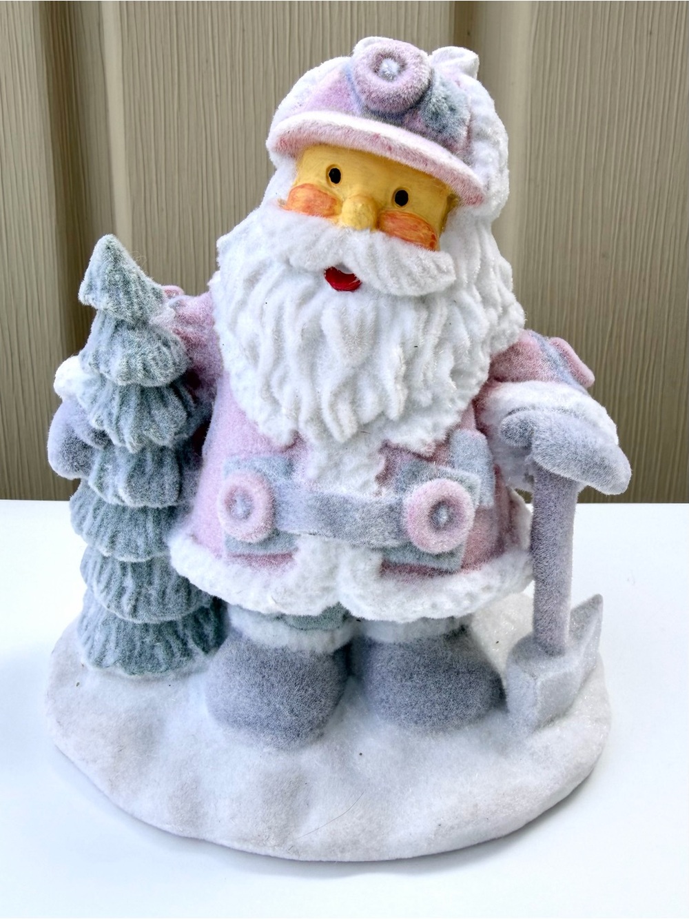 Vintage Flocked Santa Figurine Pastel Colors Christmas Holiday Winter Snow